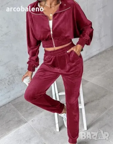 Дамски едноцветен спортен кадифен костюм с дълги ръкави за свободното време, 4цвята , снимка 3 - Комплекти - 47258135