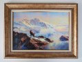 Планински, зимен пейзаж с дива коза, картина