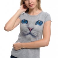 Нова дамска сива тениска с 3D принт Котка със сини очи, снимка 1 - Тениски - 29126621