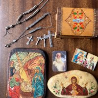 Лот Християнски украшения, кутия пирография, Икони, кръстчета, броеници 