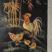 Старa японска картина върху дърво петел кокошка пилета, снимка 1 - Картини - 28958825