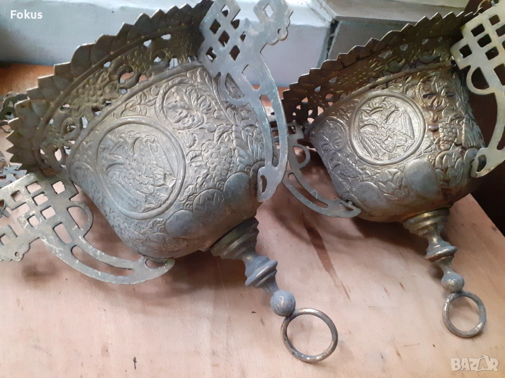 Чифт страхотни стари големи месингови кандила двуглав орел, снимка 1
