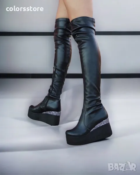 Ботуши на платформа - черна кожа и брокат - 122K, снимка 1