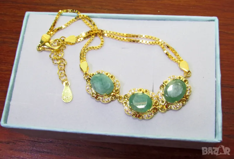 925 сребърна гривна със златно покритие изумруди/смарагди с размер 9x7mm, снимка 1