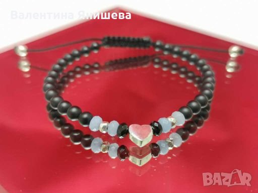 Дамска гривна оникс, кварц, сребърно сърце, снимка 1