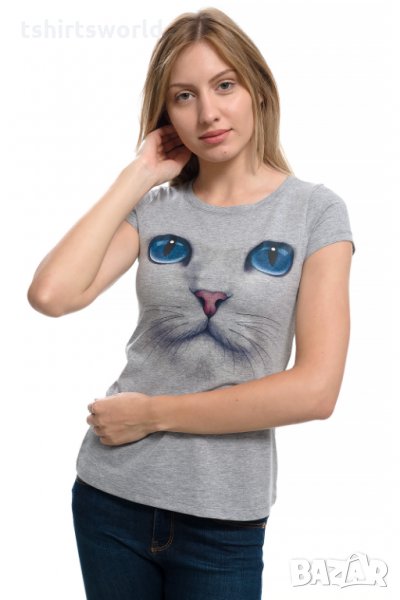 Нова дамска сива тениска с 3D принт Котка със сини очи, снимка 1