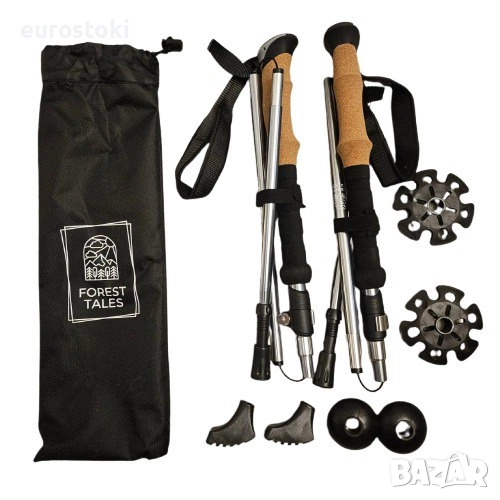 Щеки за трекинг Forest tales от алуминий с коркова дръжка. Леки, сгъваеми туристически щеки за раниц, снимка 1