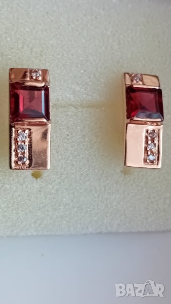 Руски златни обеци с гранат и фианити, снимка 1