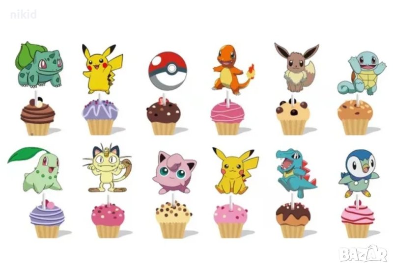 12 бр топер топери клечки Покемон Пикачу и приятели за мъфини декорация рожден ден парти, снимка 1