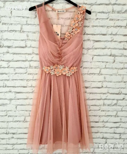 Рокля с тюл в цвят пудра, снимка 1