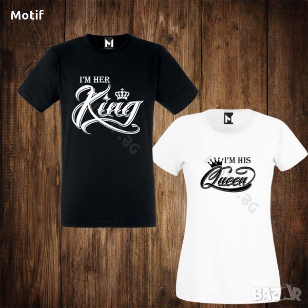 Тениски за двойки с щампи - дамска тениска + мъжка тениска  HER KING HIS QUEEN, снимка 1