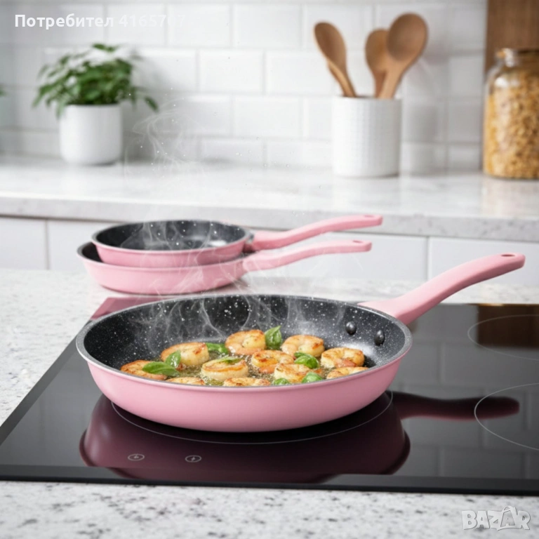 Комплект тигани Cheffinger розово с мраморно покритие – 3 части за всяка кухня - розов цвят, снимка 1