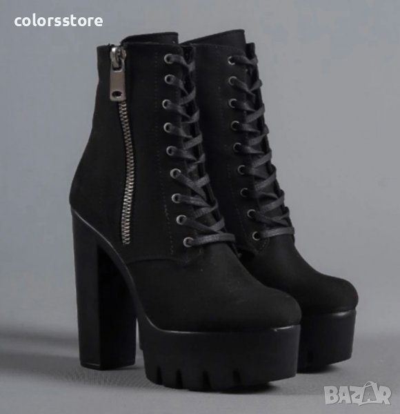 Боти на ток - черен велур с черно ходило - BT13, снимка 1