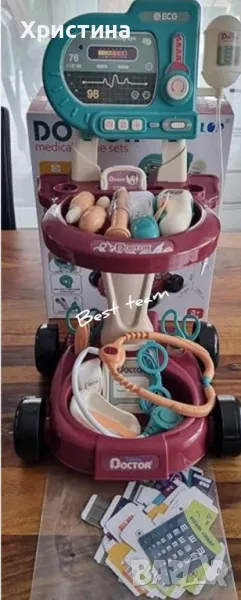 Комплект за игра на доктор, с количка, 29 аксесоара, със светлина, ЕКГ монитор, бял, снимка 1