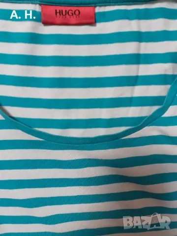 Памучна зелена тениска на райета Hugo Boss, снимка 4 - Тениски - 27015111