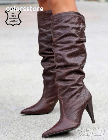 Ботуши на ток - кафяв крок ЕСТЕСТВЕНА кожа - 113903, снимка 2 - Дамски ботуши - 38786086