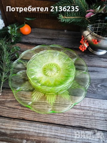 Ураново стъкло – арт деко комплект чинии, снимка 10 - Антикварни и старинни предмети - 52818229