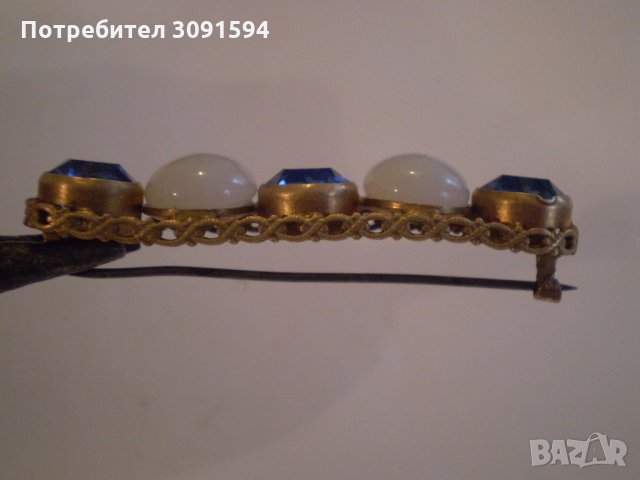 Стара Дамска Брошка МЕСИНГ стъкло е син кристал, снимка 6 - Антикварни и старинни предмети - 35094144