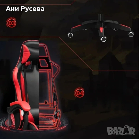 Геймърски стол с регулируема височина, лумбална възглавница и метална основа, снимка 9 - Столове - 53094789