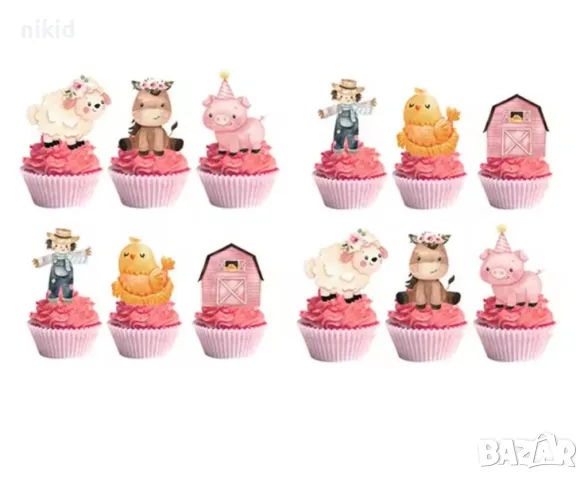 12 бр Ферма домашни животни къси картонени топери топер за торта мъфини, снимка 2 - Други - 49761211