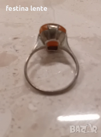 Стар руски сребърен пръстен с кехлибар, снимка 6 - Пръстени - 52394458