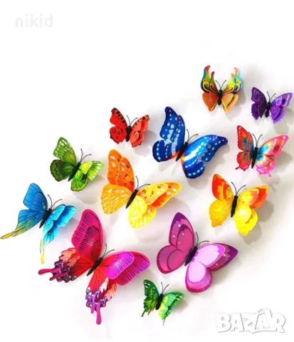 3D 12 бр pvc шарени магнитни и  самозалепващи пеперуди декорация за стена и мебел, снимка 3 - Други - 21244092
