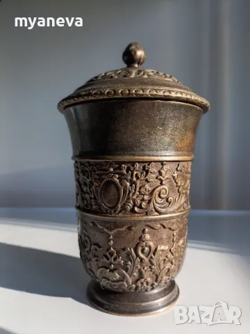 Vintage, бронзов съд с капак, чаша с богата орнаментика и функционалност. , снимка 7 - Декорация за дома - 48838819