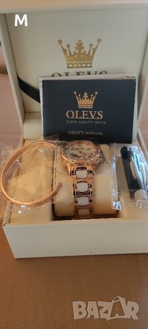 Стилен дамски часовник OLEVS без батерия,Розово злато порцеланова каишка 