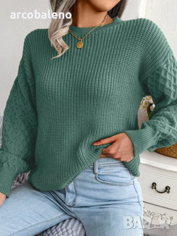 Дамски плетен пуловер с дълъг фенер ръкав за свободното време, 3цвята - 024, снимка 4 - Блузи с дълъг ръкав и пуловери - 43468486