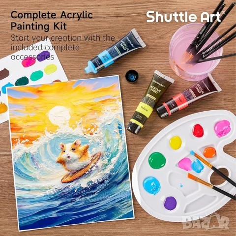 Комплект акрилни бои Shuttle Art 30 цвята в тубички 36 мл с 3 четки, снимка 4 - Други - 51023930