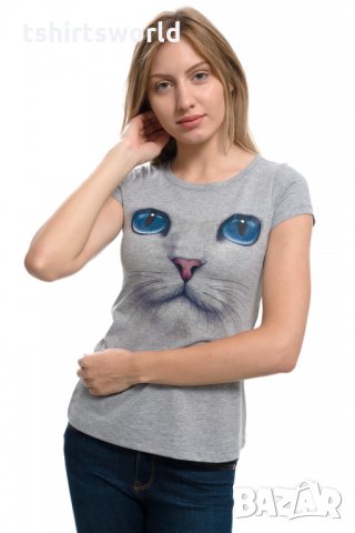 Нова дамска сива тениска с 3D принт Котка със сини очи