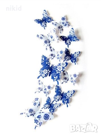 3D 12 бр pvc синьо бели на цветя самозалепващи пеперуди декорация за стена и мебел, снимка 1 - Други - 26232818