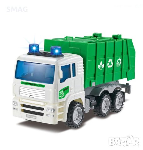 Зелен камион за рециклиране на отпадъци със светлина и звук Камион за боклук