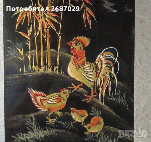 Старa японска картина върху дърво петел кокошка пилета, снимка 1 - Картини - 28958825