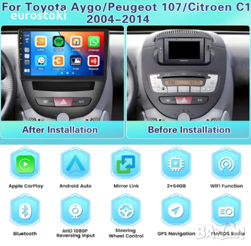 FULUKU мултимедия за Toyota Aygo/Peugeot 107/Citroen C1 2004-2014, 2+64GB, Android 13, екран 10.1 , снимка 6 - Аксесоари и консумативи - 52587410