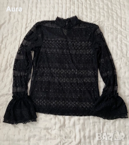 Black lace blouse high neck long sleeves with ruffled cuffs , снимка 2 - Блузи с дълъг ръкав и пуловери - 51674220