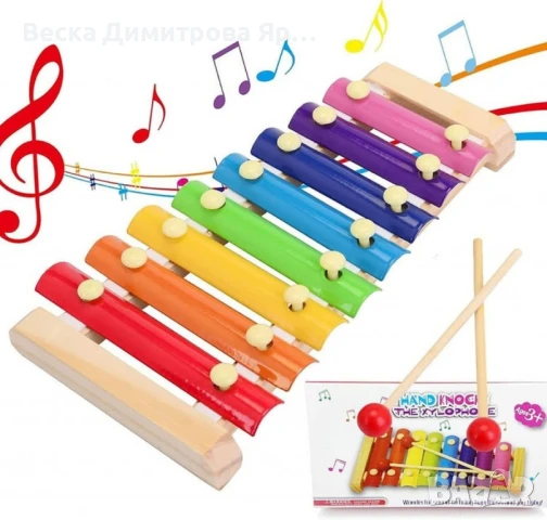 Детски дървен ксилофон с 8 цветни ноти и 2 чукчета, снимка 5 - Музикални играчки - 51102897