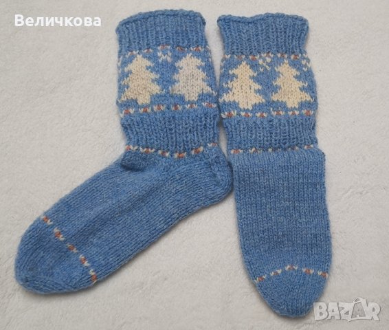 Ръчно плетени вълнени чорапи и терлици/търлъци; коледни чорапи с елхички, снимка 2 - Ръчно изработени сувенири - 42677215