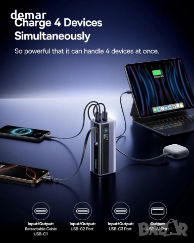 Външна батерия Baseus 20000 mAh, 145 W с вграден прибиращ се кабел, снимка 7 - Външни батерии - 51702618