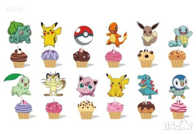 12 бр топер топери клечки Покемон Пикачу и приятели за мъфини декорация рожден ден парти