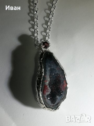 Сребърно колие с геода и сапфир , снимка 3 - Колиета, медальони, синджири - 43029617
