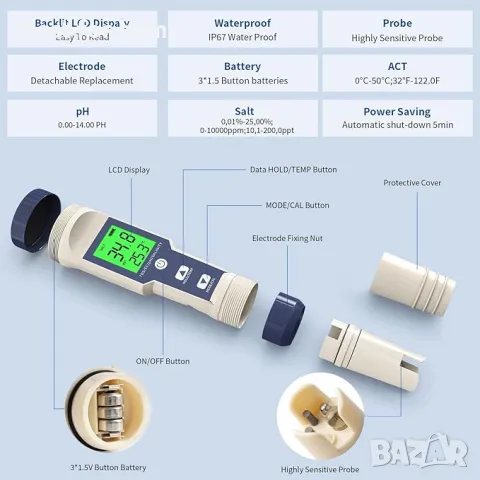 Дигитален тестер за соленос и рН  на водата  Yewhick, , снимка 2 - Друга електроника - 49841984