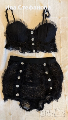 Луксозен черен дантела дантелен сет комплект от две части бикини висока талия с диамантени копчета 