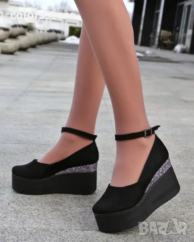 Обувки на платформа - черен велур и бронз брокат - 125K