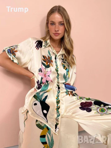 - 40 % елегантен сатенен комплект от панталон и риза, снимка 1