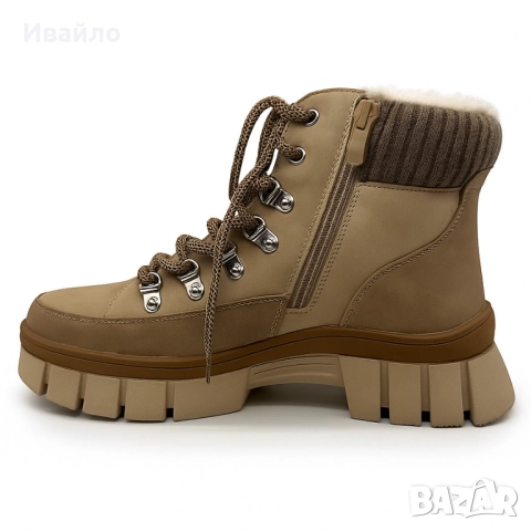 Дамски светлокафяви боти от еко кожа с плетена яка и дебела подметка, снимка 3 - Дамски боти - 52368180