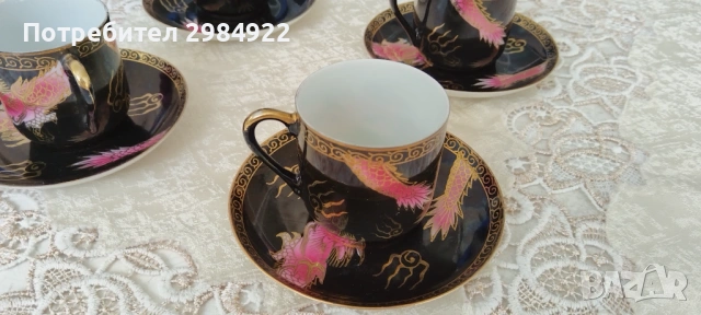 Японски ориенталски комплект за чай с 4 чаши, черно злато и флорален мотив. Декоративен., снимка 4 - Антикварни и старинни предмети - 53442018