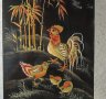 Старa японска картина върху дърво петел кокошка пилета