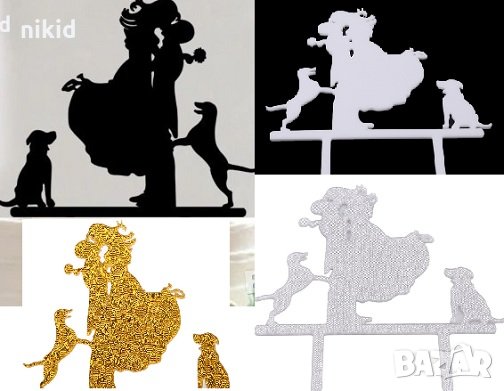 4 цвята двойка младоженци с 2 кучета пластмасов топер украса табела за сватбена сватба торта, снимка 1