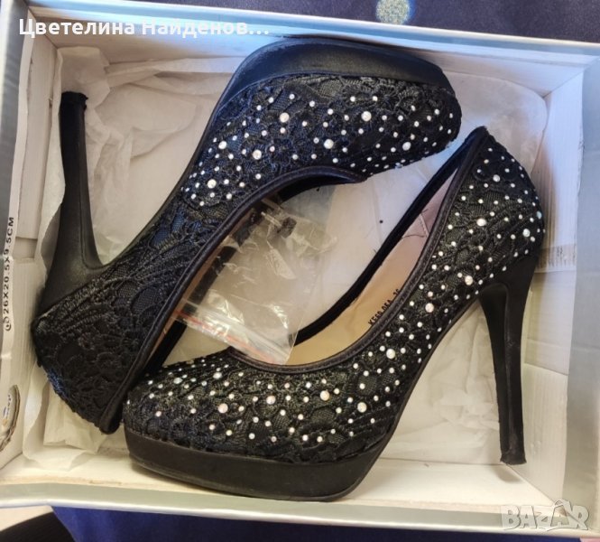 Дамски официални обувки на висок ток черни с дантела и камъни , снимка 1